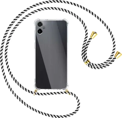 Produktbild von Handykette Backcover-Schutzhülle mit Band (Metall goldfarben) für Samsung Galaxy A05 (SM-A055) - schwarz/weiß gestreift
