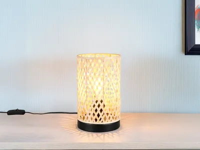 Produktbild von Kleine LED Nachttischlampe Korblampe Lampenschirm geflochten aus Bambus, H: 23cm