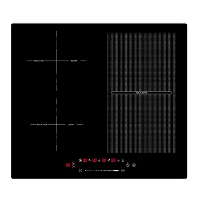A black induction cooktop with digital displays and markings for cooking zones.