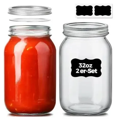 Produktbild von ComSaf Einmachgläser 1L mit Deckel 2 Stück Mason Jar, Vorratsgläser für Lebensmittel für Marmelade, Honig, Joghurt, Gurken und Bohnen Overnight Oats Gläser Marmeladengläser mit Schraubdeckel
