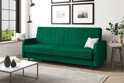 Produktbild von MEBLINI Sofa mit Schlaffunktion - Schlafcouch Ausziehbar - Schlafsofa mit Bettkasten - Sofabett - Couch mit Schlaffunktion - Klappsofa - ANDRES 3 - 218x87x93cm - Grün Samt
