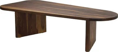 Couchtisch Sheesham oval 120cm mit gerundeter Tischplatte und massiven Holzstützen, Gesamtansicht von vorne.