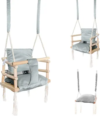 Produktbild von Babyschaukel Kinderschaukel Holz Stoff  Babysitz Baby Schaukel zum Aufhängen 3 in 1 Rosa Grau 8336 , Farbe:Grau-grey
