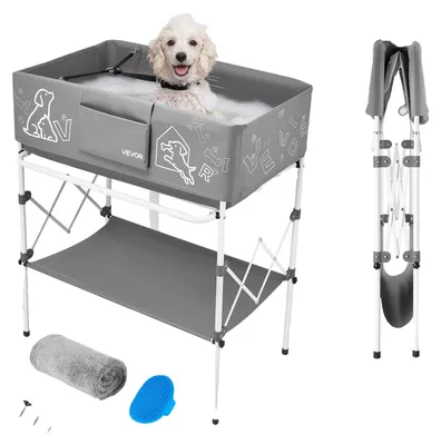 Image de Baignoire pour chien VEVOR 100 L, baignoire surélevée pour animaux avec structure métallique, baignoire pour animaux avec écoulement, étagère de rangement et poche latérale, baignoire pliable pour le toilettage et le bain des animaux de petite et moyenne taille, gris