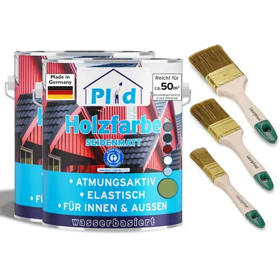 Produktbild von Plid Holzfarbe Moosgrün 5l + Pinselset 3-tlg. / Innen & Außen - Wetterschutzfarbe Holzfarbe Außen - Dauerhafte Holzschutzfarbe - Holzlack