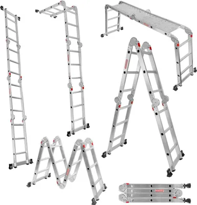 Zdjęcie produktu dla Aluminiowa drabina przegubowa prosta przystawna Werkberg wielofunkcyjna z podestem roboczym, cztery segmenty, 12 szczebli, funkcjonalne pozycje robocze, łamana konstrukcja