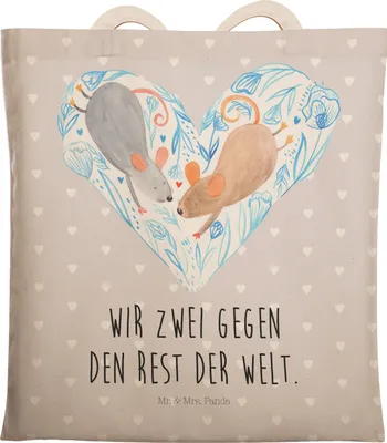 Produktbild von Mr. & Mrs. Panda stoffshopper Mäuse Herz - Grau Pastell - Geschenk, Tragetasche, Beutel, Freundin, Tasche, Verheiratet, shopping bag, Liebe, Tote, Mit Spruch, Maus