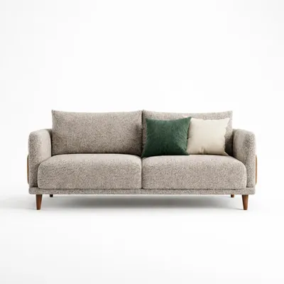 Immagine prodotto di Divano dal design elegante, color beige, con rivestimento in tessuto strutturato e gambe in legno