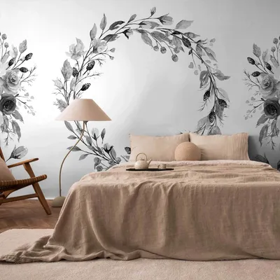 Produktbild von Selbstklebende Folie Fototapete - Romantic wreath - grey plant motif with leaves with rose pattern 98x70 cm Blumen b-C-10125-a-c