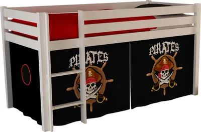 Produktbild von Vipack Spielbett Pino mit Textilset "Pirates" - Kiefer massiv weiss lackiert, Maße: 210 cm x 114 cm x 106 cm; PICOHSZG1477