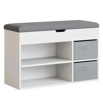 Image de Mondeer Banc à chaussures avec assise, rangement pour chaussures en bois avec tiroir en tissu et coussin rabattable, pour le salon, 80 x 48 x 30 cm, blanc