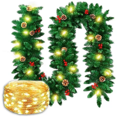 Immagine prodotto di KRUMAD Ghirlanda di Natale 3 m con 100 LED - Ghirlanda di abete artificiale con pigne e bacche rosse - Decorazione natalizia illuminata per interni ed esterni, verde