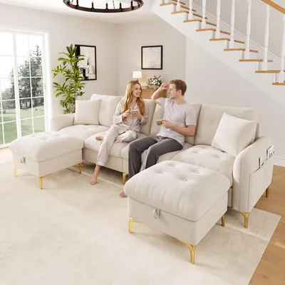 Produktbild von Flieks Schlafsofa mit Stauraumhockern, Sofa mit Dekokissen, U-förmiges 4-Sitzer Sofa, 263×137×85 cm, Beige, Chenille