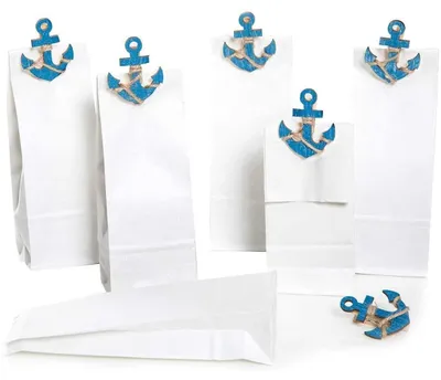Produktbild von Set: 6 Stück kleine weiße Papiertüten 7 x 4 x 20,5 cm + 6 blaue maritime Schiffs-ANKER Zierklammern Deko-Klammern mit 5,5 x 4,5 cm Geschenktüten Geburtstagstüten Tütchen für give-aways