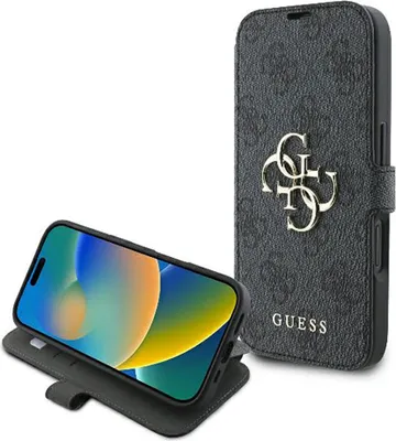 A black GUESS phone case with a gold logo is shown next to an iPhone.