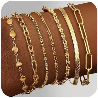 Productafbeelding van Set van 7 damesarmbanden, roestvrij staal, 14K verguld, verstelbaar, zilver, rosé goud, goud