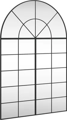 A black arched window mirror with multiple panes.