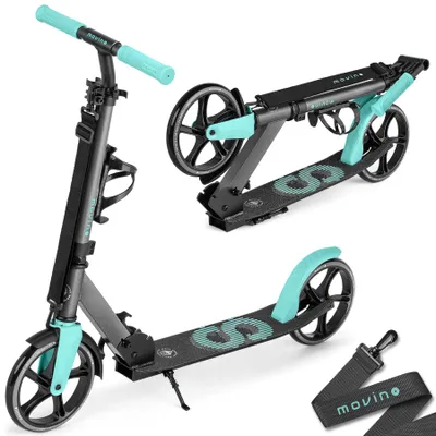 A scooter is shown in two configurations: unfolded and folded. A carrying strap is also visible.