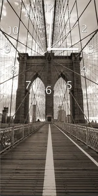 Produktbild von Wallario Design Wanduhr bedruckt, Größe 30 x 60 cm, Motiv: Brooklyn Bridge in New York