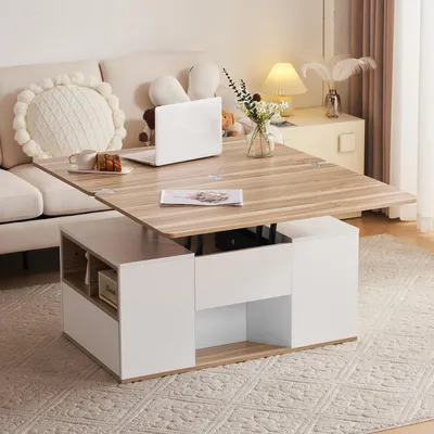 Produktbild von okwish Hebbarer Couchtisch Wohnzimmertisch mit höhenverstellbare Tischplatte,Sofatisch Kaffeetisch Beistelltisch mit 2 Schubladen,Weiß