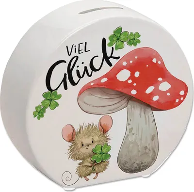 Produktbild von Maus mit Fliegenpilz Spardose mit Spruch Viel Glück