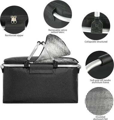 Produktbild von Picknickkorb – Schwarz – 40 x 23 x 20 cm – Zusammenklappbarer Kühlkorb mit Tragegriff – Für Einkäufe und Picknicks