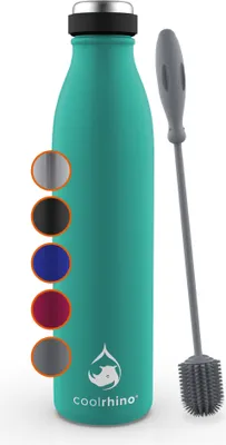 Produktbild von coolrhino Edelstahl-Trinkflasche 500ml, 1L – Kohlensäure geeignete Sportflasche inkl. Reinigungsbürste – BPA frei, Auslaufsicher -Thermosflasche & Teeflasche für Uni, Schule, Fitness, Outdoor, Camping