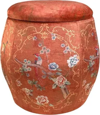 Immagine prodotto di Sgabello in velluto fine Asianliving con coperchio pouf rotondo a motivo di uccelli rossi D43xH43cm