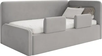 Produktbild von Selsey Fanko – Kinderbett 90x200 cm mit Rausfallschutz, Matratze, Kopfteil rechts, Samt,Hellgrau