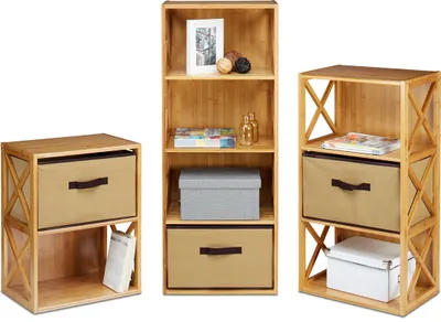 Produktbild von 3er Set Regal Bambus mit Korb, 2, 3 und 4 Ablagen, Holz Standregal, Badregal, Faltbox, BxT: 42 x 29 cm, natur braun