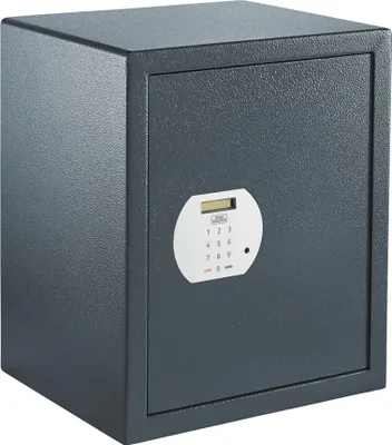 A dark gray safe with a digital keypad and display.