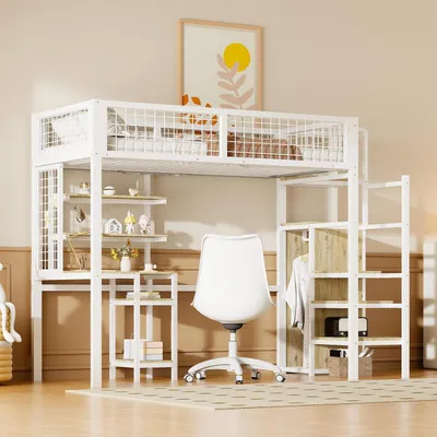 Image de Lit superposé 90x200 avec escalier, bureau informatique, armoire, en métal, blanc