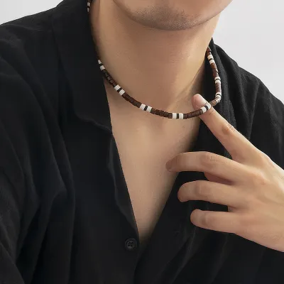 Produktbild von Männer Halskette Perlen Elegante Polymer Clay Holz Perlen Spleißen Casual Böhmen Schlüsselbein Halskette Mode Schmuck