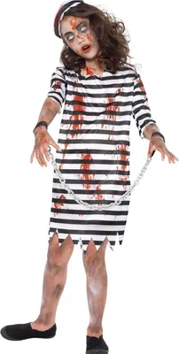 Obrázok produktu pre Zombie kostým odsúdenca pre dievčatá Halloween kostým čiernobiely 7-9 rokov (130/143 cm)
