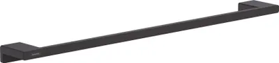 A black towel bar mounted on a white background.