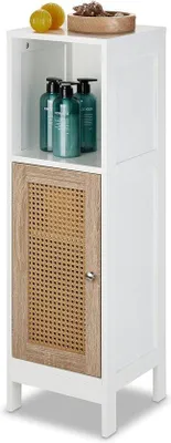 Obrázek produktu pro Koupelnová skříňka se 3 přihrádkami - VxŠxH 965 x 30 x 30 cm - úzký koupelnový nábytek s ratanovými dvířky - bílá/přírodní koupelnový nábytek vysoký