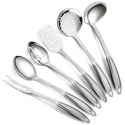 Produktbild von 6-teiliges Küchenutensilien-Set, Kochgeschirr-Sets, unverzichtbare Küchenhelfer inklusive Metallspatel-Set, Schaumlöffel, Suppenkelle, Servierlöffel und Fleischgabel