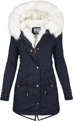 A navy blue winter parka with a white fur-lined hood is displayed front-on against a white background.
