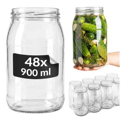 Zdjęcie produktu dla SUPERBUTELKI - 48 szt. Szklane słłoiki na ogórki 900 ml - BEZ ZAKRĘTEK - Zestaw słoików na przetwory, dżem, konfitury, miód do wekowania i pasteryzacji