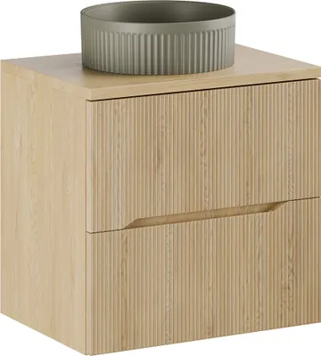 Produktbild von Waschtisch mit 60 cm Breite in Eiche, mit 2 Schubladen, Rillenoptik und Aufsatzwaschbecken - NARPIO-56