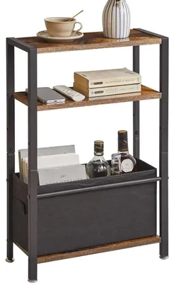 Produktbild von Beistelltisch 3-stufig schmal mit Ablagefach und Stoffkorb rustikales Braun 16,8" L x 7,1" B x 25,9" H