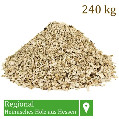 A pile of wood chips is presented against a white background with text overlays.