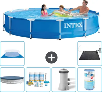Produktbild von Intex-Schwimmbecken mit rundem Rahmen – 366 x 76 cm – Blau – im Lieferumfang enthalten Abdeckung - Wartungspaket - Filterpumpe für Schwimmbad - Filter - Bodenplane - Solarmatte