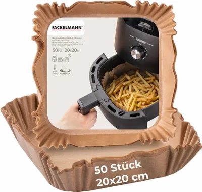 Produktbild von Fackelmann Backpapier für Heißluftfritteuse, 20 cm eckig, beschichtet, hitzebeständig bis +220°C, 50 Stück