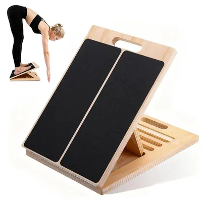Image de Planche de stretching professionnelle Balansplank - 5 angles réglables - Support pour mollets antidérapant - Planche en bois robuste - Poignée portable - Idéale pour la maison ou la salle de sport