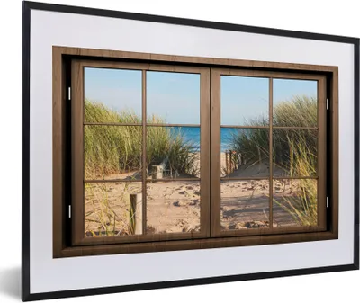 Produktbild von MuchoWow® Gerahmtes Poster Aussicht - Strand - Gras 60x40 cm - Poster mit Schwarzem Bilderrahmen Wandposter Rahmen Foto Bilder - Schlafzimmer - Plakat in Rahmen - Drucken