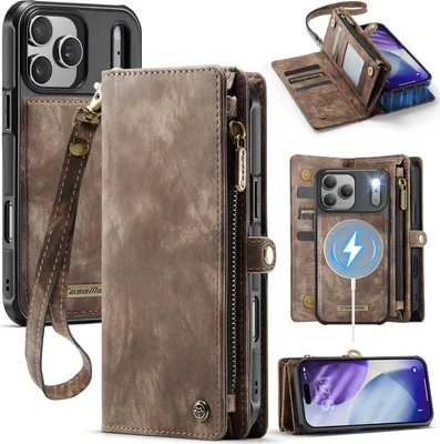 Produktbild von Schutzhülle für iPhone 17 Pro, Vintage Multifunktions Lederhülle, Kartenfächer, Reißverschluss Hülle Braun