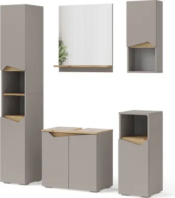 A collection of bathroom furniture pieces arranged on a white background.