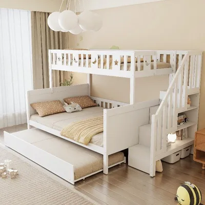 Zdjęcie produktu dla Łóżko piętrowe dla dzieci, 90x200 cm lub 140x200 cm, wykonane z litego drewna, w białym kolorze, wyposażone w bezpieczne schodki, wysuwany łóżko i stelaż. Idealne do pokoju dziecięcego