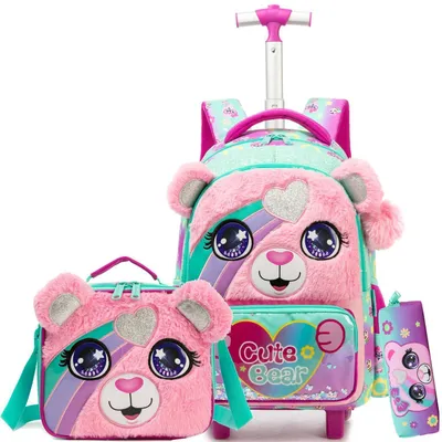 Produktbild von Schulranzen mit Trolley für Mädchen, Kinderrucksack mit Rollen, A-rosa Bear, 42x30x20 cm